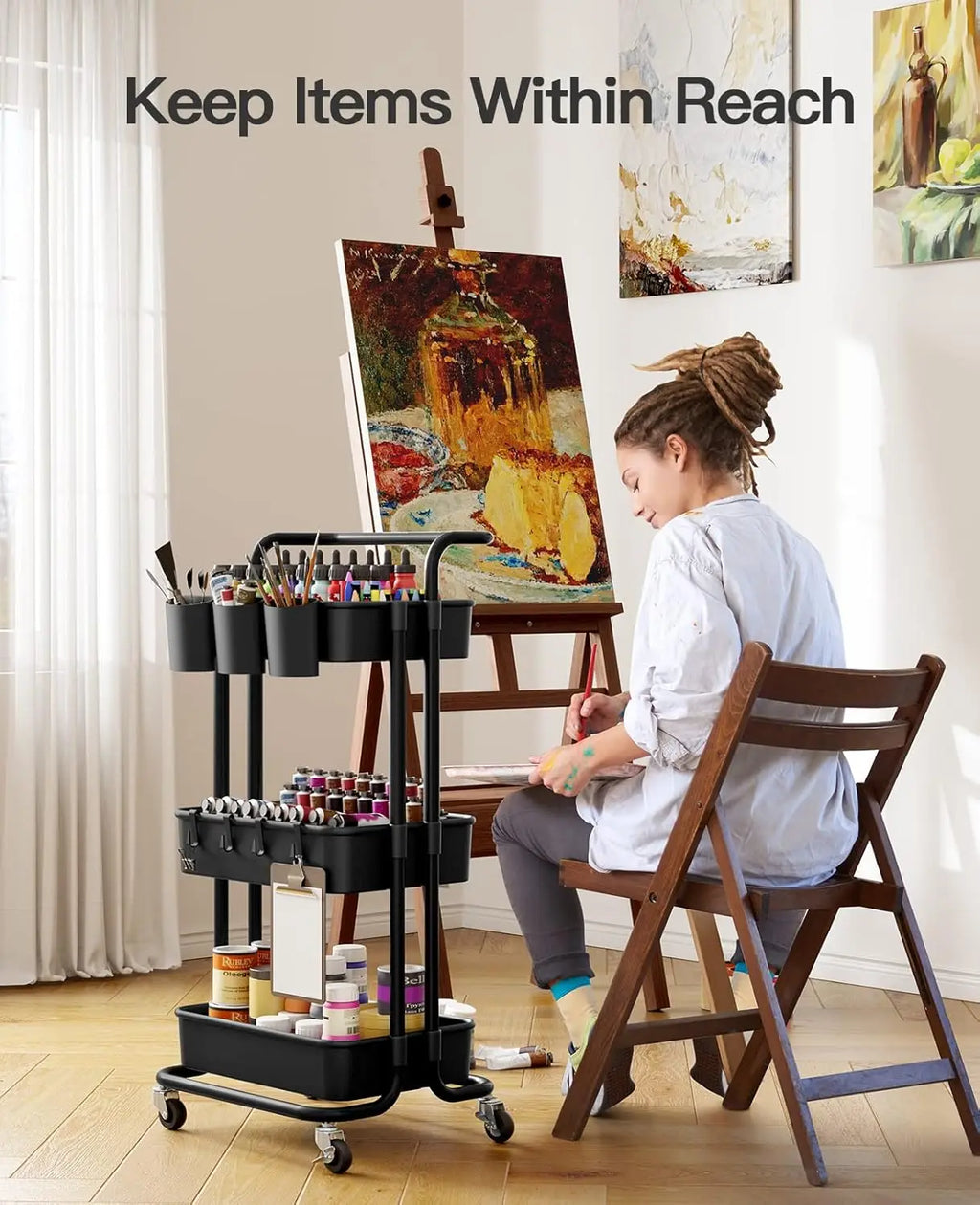 3-Tier Rolling Cart with Wheels, Hanging Cups & Hooks - Organizer for Office, Kitchen, Craft Room, Bedroom (Black)