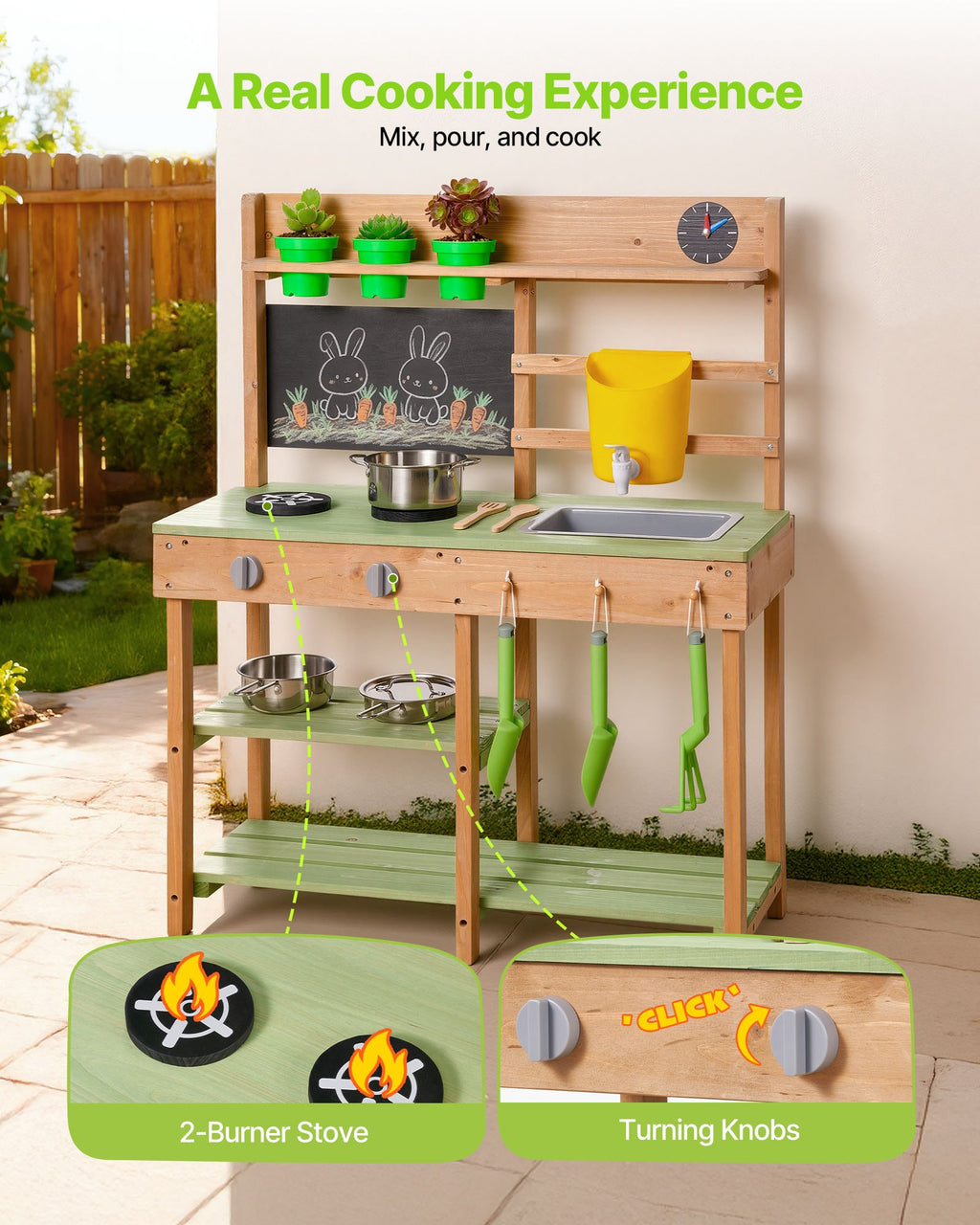 Mud Kitchen, Outdoor Mud Kitchen For Kids, Wood Outdoor Play Kitchens With Stoves, Tank, Sink, Planting Shovels, Spatulas, Box, Cookware Pots And Accessories, Wooden Play Kitchens For Home, Lawn