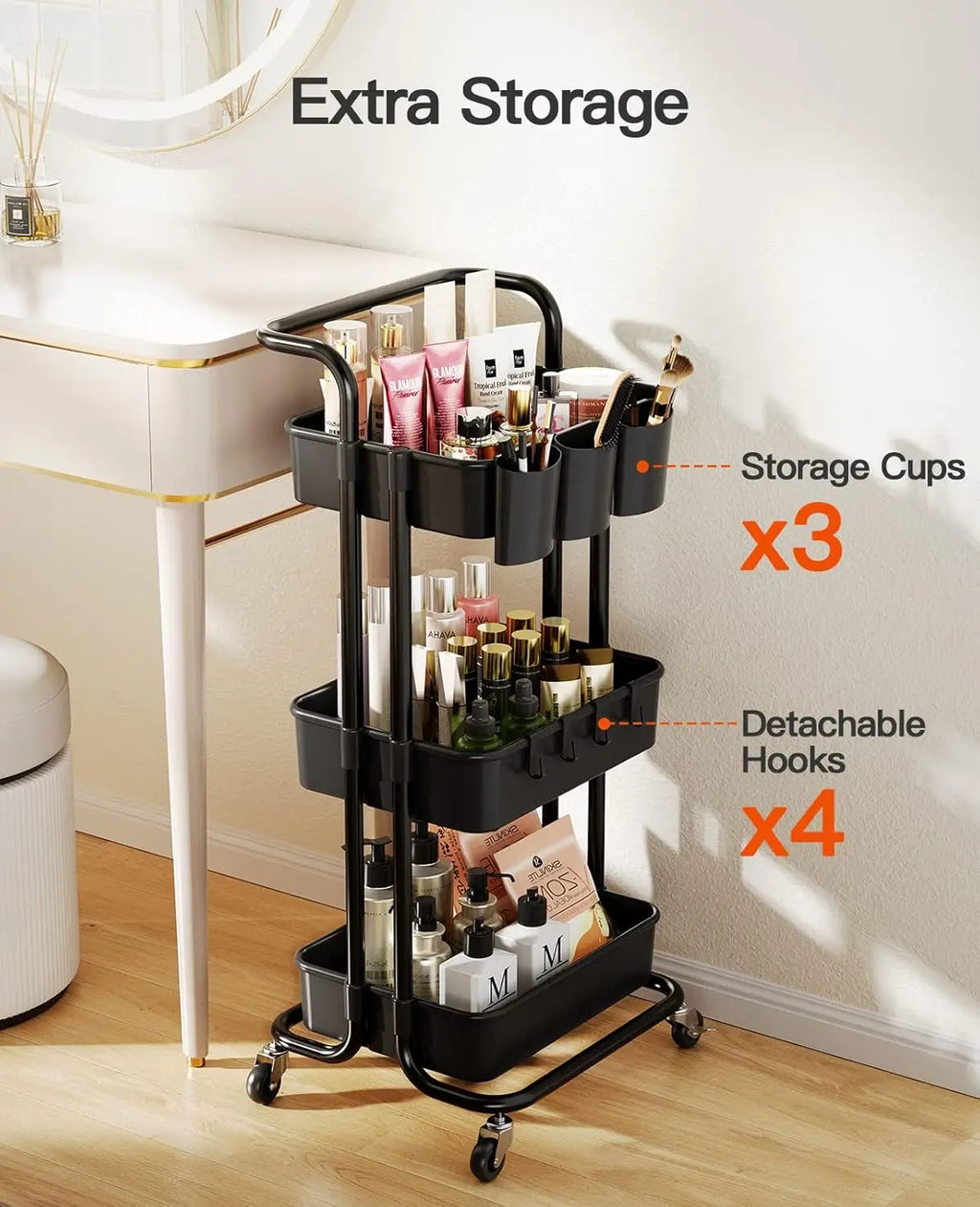 3-Tier Rolling Cart with Wheels, Hanging Cups & Hooks - Organizer for Office, Kitchen, Craft Room, Bedroom (Black)