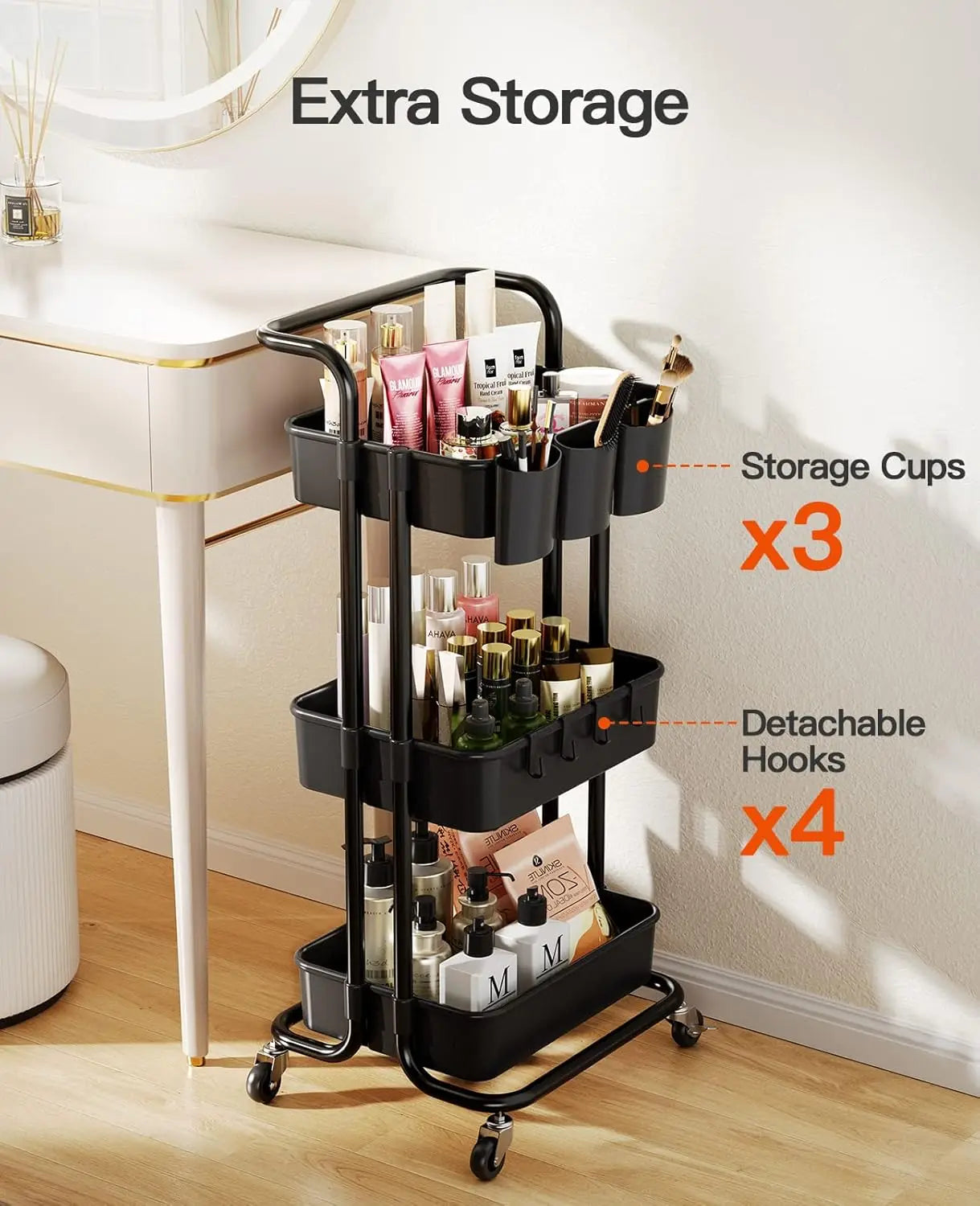 3-Tier Rolling Cart with Wheels, Hanging Cups & Hooks - Organizer for Office, Kitchen, Craft Room, Bedroom (Black)
