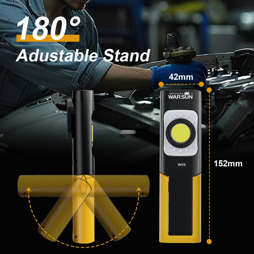 WARSUN W05S LED Work Light Rechargeable Portable Magnetic Base Flashlight Clip Hook 180° Rotating Stand for Home Garden Camping