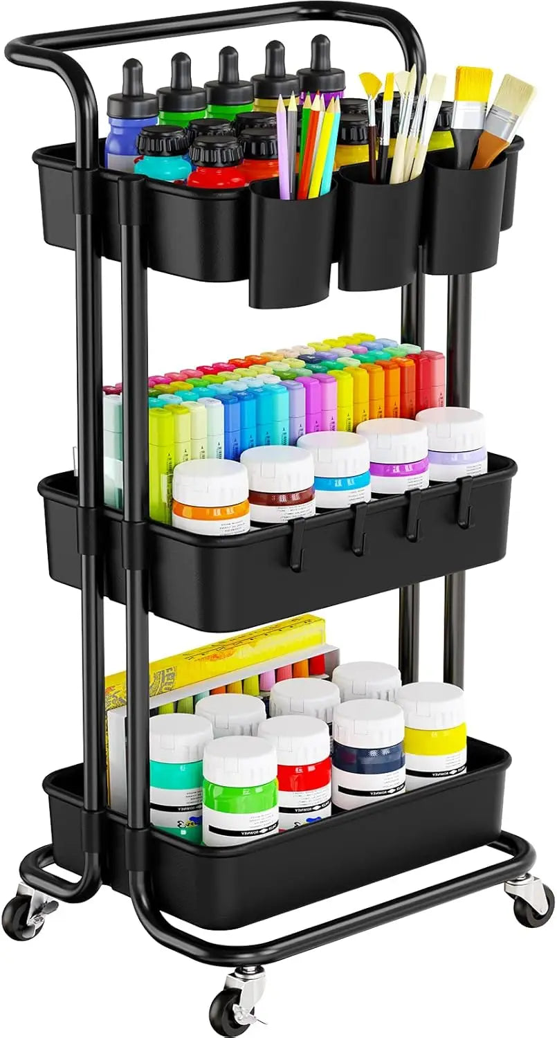 3-Tier Rolling Cart with Wheels, Hanging Cups & Hooks - Organizer for Office, Kitchen, Craft Room, Bedroom (Black)