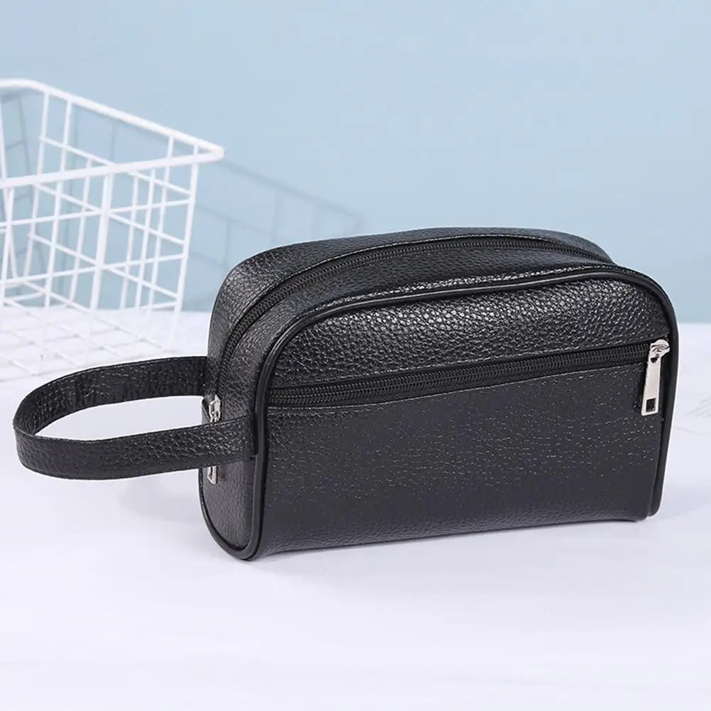 Men Business Travel Bag Vintage Wristlet Bag PU Leather Travel Toiletry Bag Large Capacity Cosmetics Organizer Phone Storage Bag