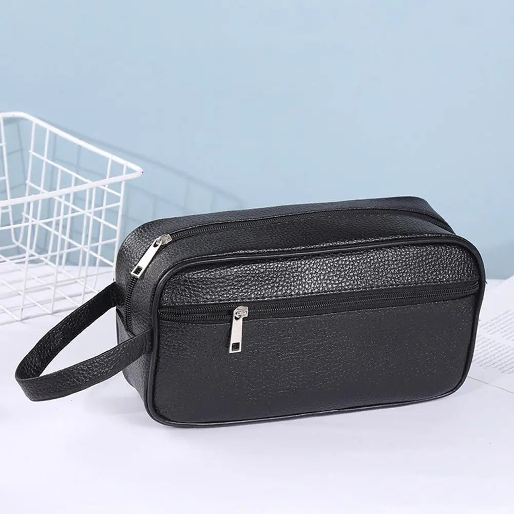 Men Business Travel Bag Vintage Wristlet Bag PU Leather Travel Toiletry Bag Large Capacity Cosmetics Organizer Phone Storage Bag