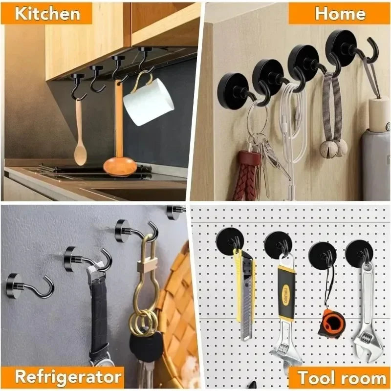 Black Strong Magnetic Hooks for Fridge Multi-Purpose Wall Magnet Hook Keys Coat Hanging Hanger Kitchen Bathroom Organizer