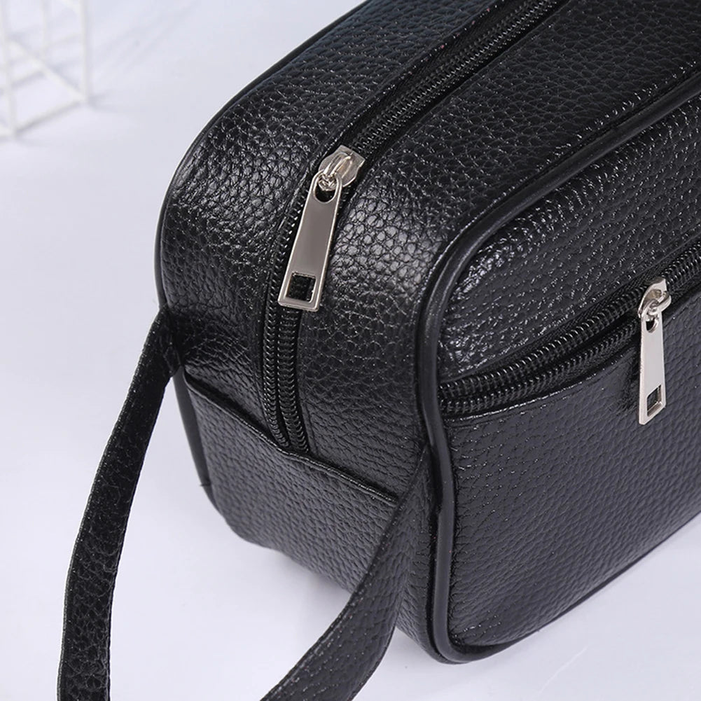 Men Business Travel Bag Vintage Wristlet Bag PU Leather Travel Toiletry Bag Large Capacity Cosmetics Organizer Phone Storage Bag
