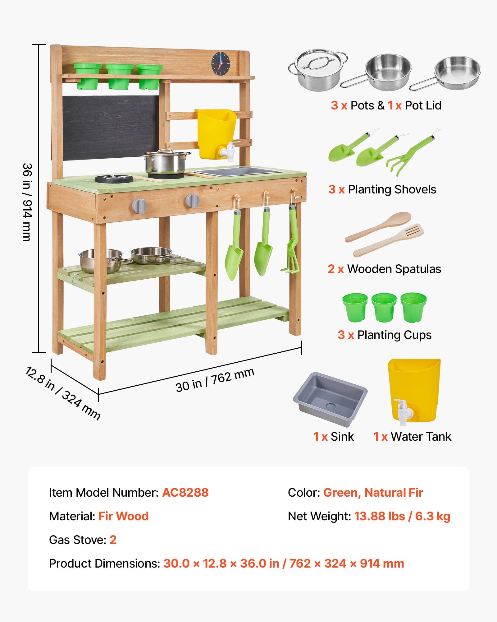 Mud Kitchen, Outdoor Mud Kitchen For Kids, Wood Outdoor Play Kitchens With Stoves, Tank, Sink, Planting Shovels, Spatulas, Box, Cookware Pots And Accessories, Wooden Play Kitchens For Home, Lawn