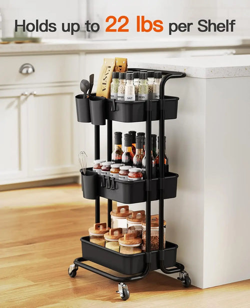 3-Tier Rolling Cart with Wheels, Hanging Cups & Hooks - Organizer for Office, Kitchen, Craft Room, Bedroom (Black)