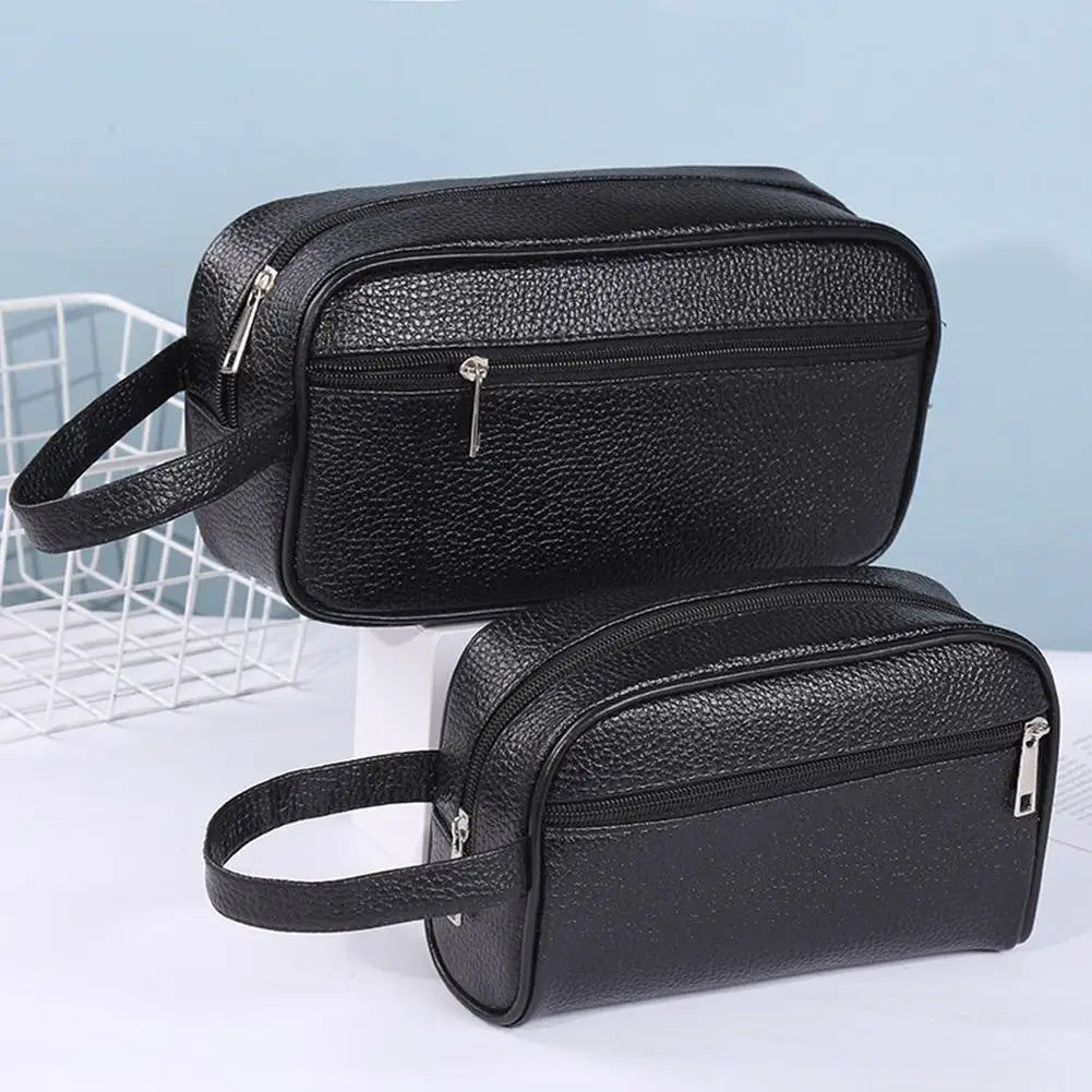 Men Business Travel Bag Vintage Wristlet Bag PU Leather Travel Toiletry Bag Large Capacity Cosmetics Organizer Phone Storage Bag