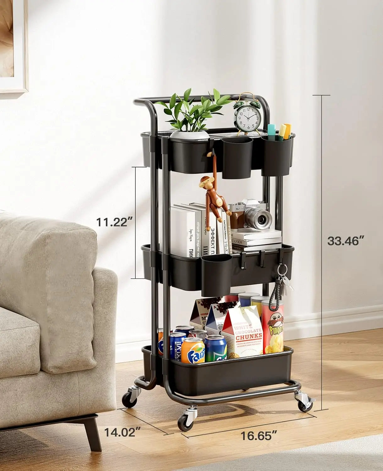 3-Tier Rolling Cart with Wheels, Hanging Cups & Hooks - Organizer for Office, Kitchen, Craft Room, Bedroom (Black)