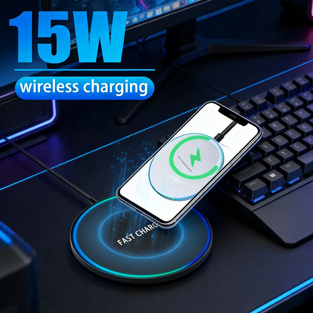 15W Wireless Charger Pad Stand For iPhone 15 14 13 Pro Max Samsung S24 Xiaomi Phone Charger Induction Fast Charging Dock Station