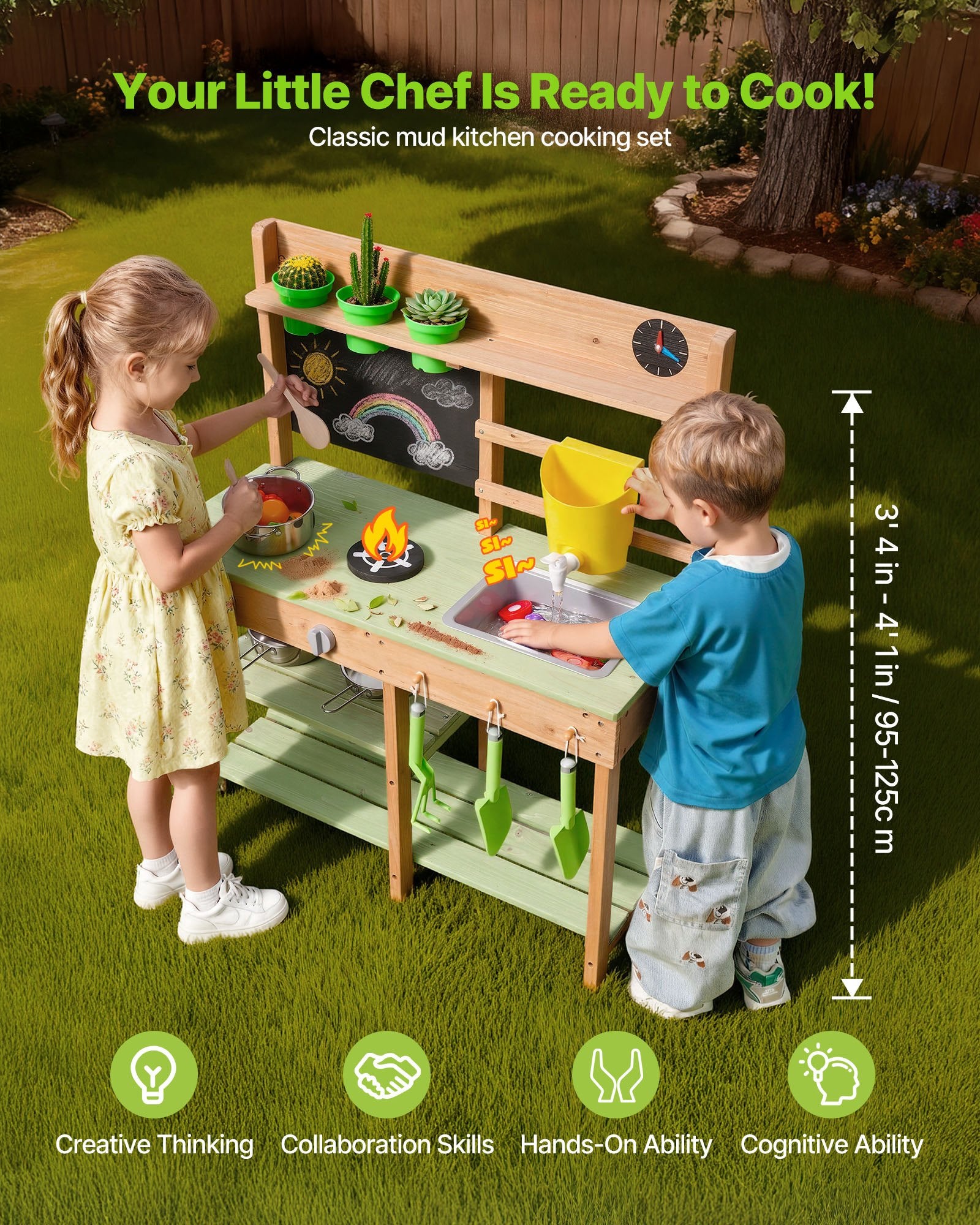 Mud Kitchen, Outdoor Mud Kitchen For Kids, Wood Outdoor Play Kitchens With Stoves, Tank, Sink, Planting Shovels, Spatulas, Box, Cookware Pots And Accessories, Wooden Play Kitchens For Home, Lawn